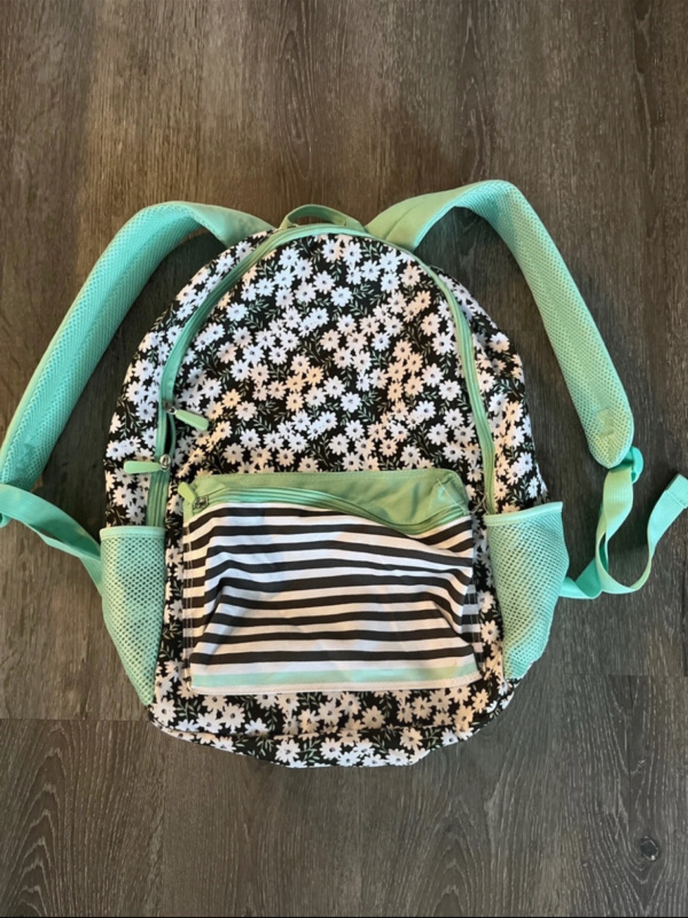 Kids Mint Daisy Backpack with Striped Front Pocket